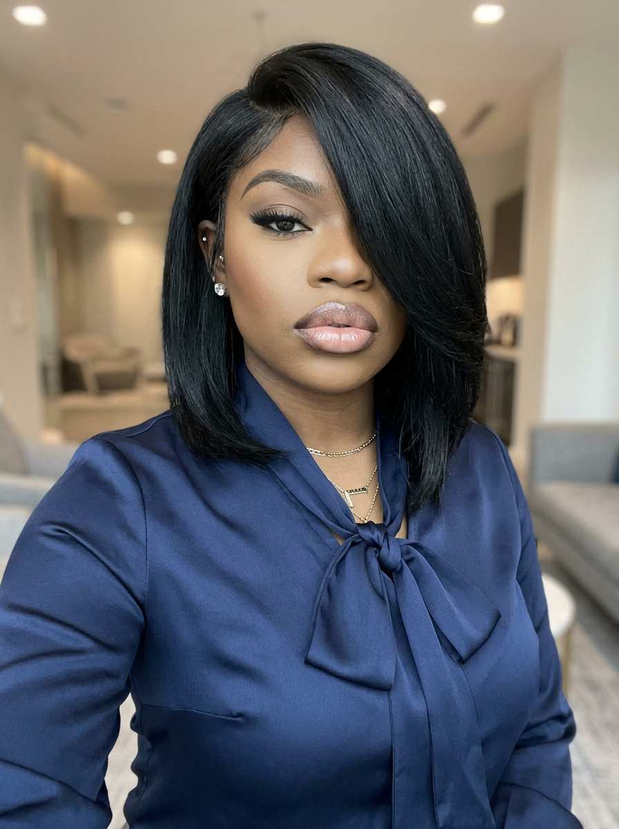 Style Two — the glossy side-swept bob install