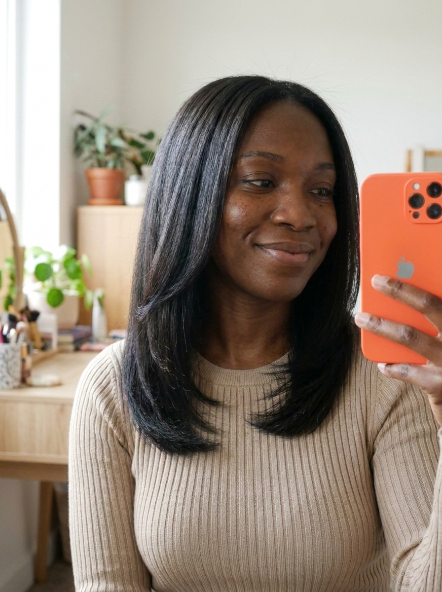Keisha showing her DIY silk press results